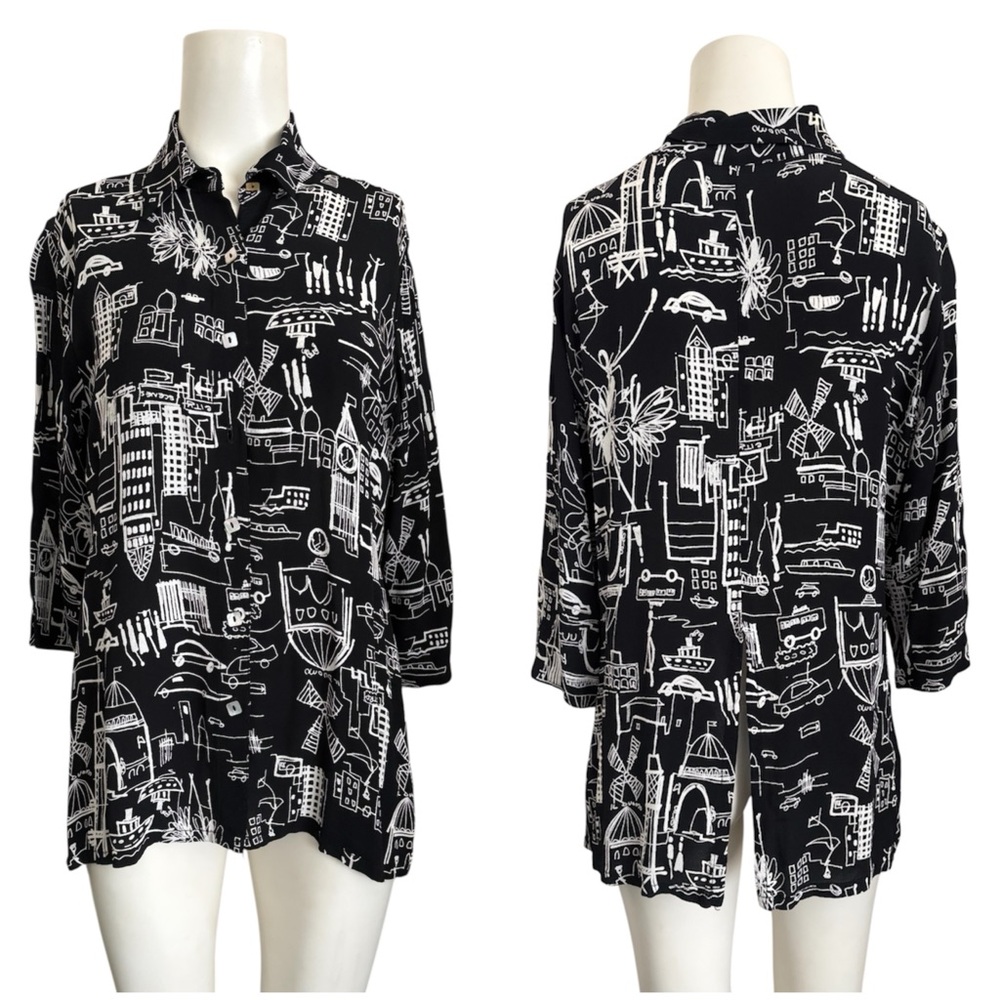 Vintage Loco Lindo Florence Italy City Scape Sketch Blouse Sz M